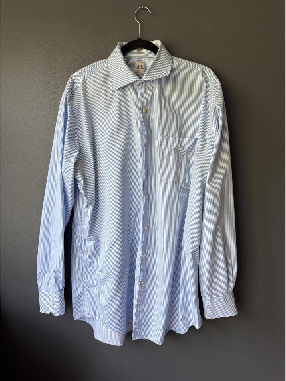 Peter Millar Blue Stripe Button Front Dress Shirt 17/XLong 100% Cotton
